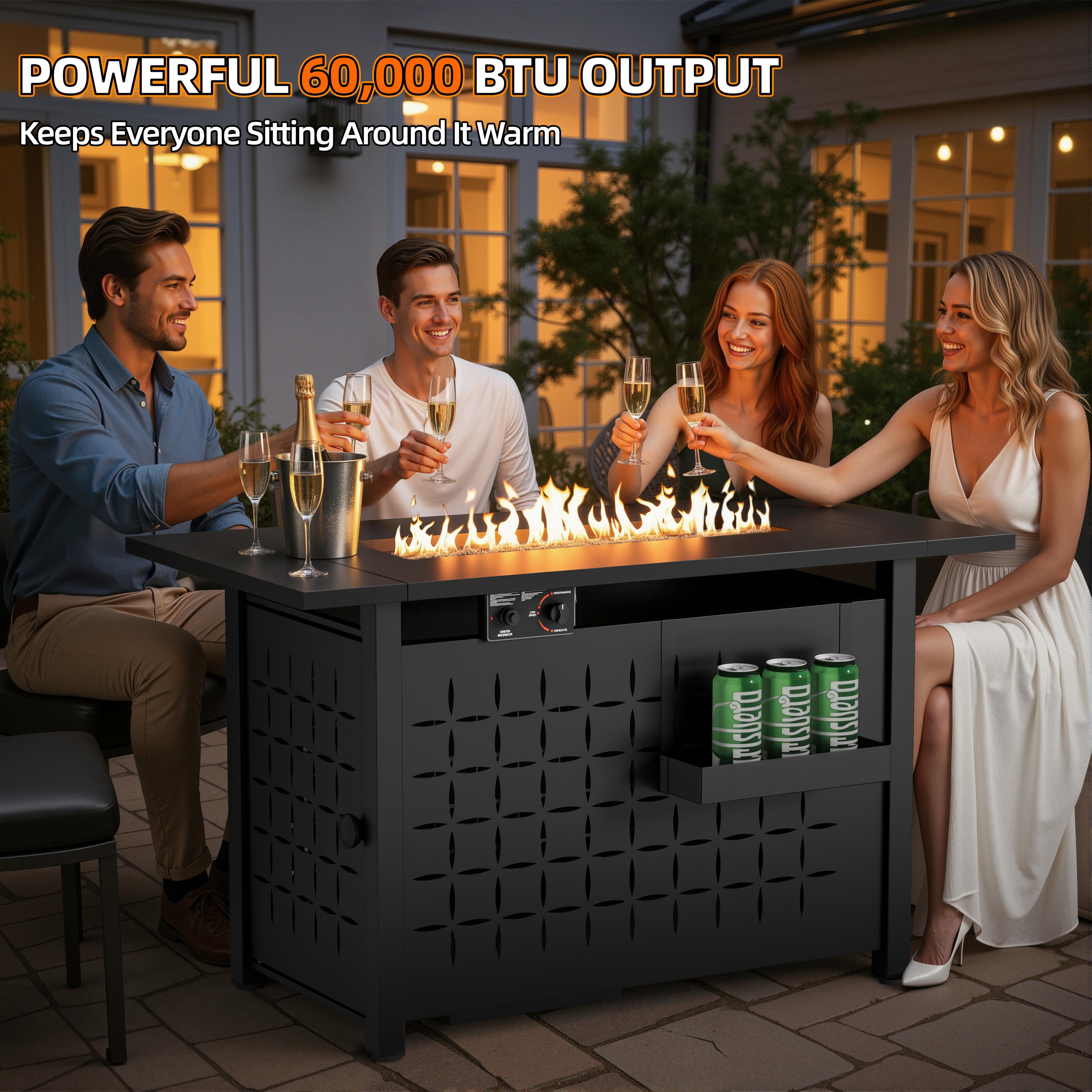 SEGMART 43'' Propane Fire Pit, 60,000 BTU Auto-Ignition Gas Fire Pit Table, Outdoor Fire Tables with Hanging Basket, Lid and Lava Rock for Outside, Garden, Backyard