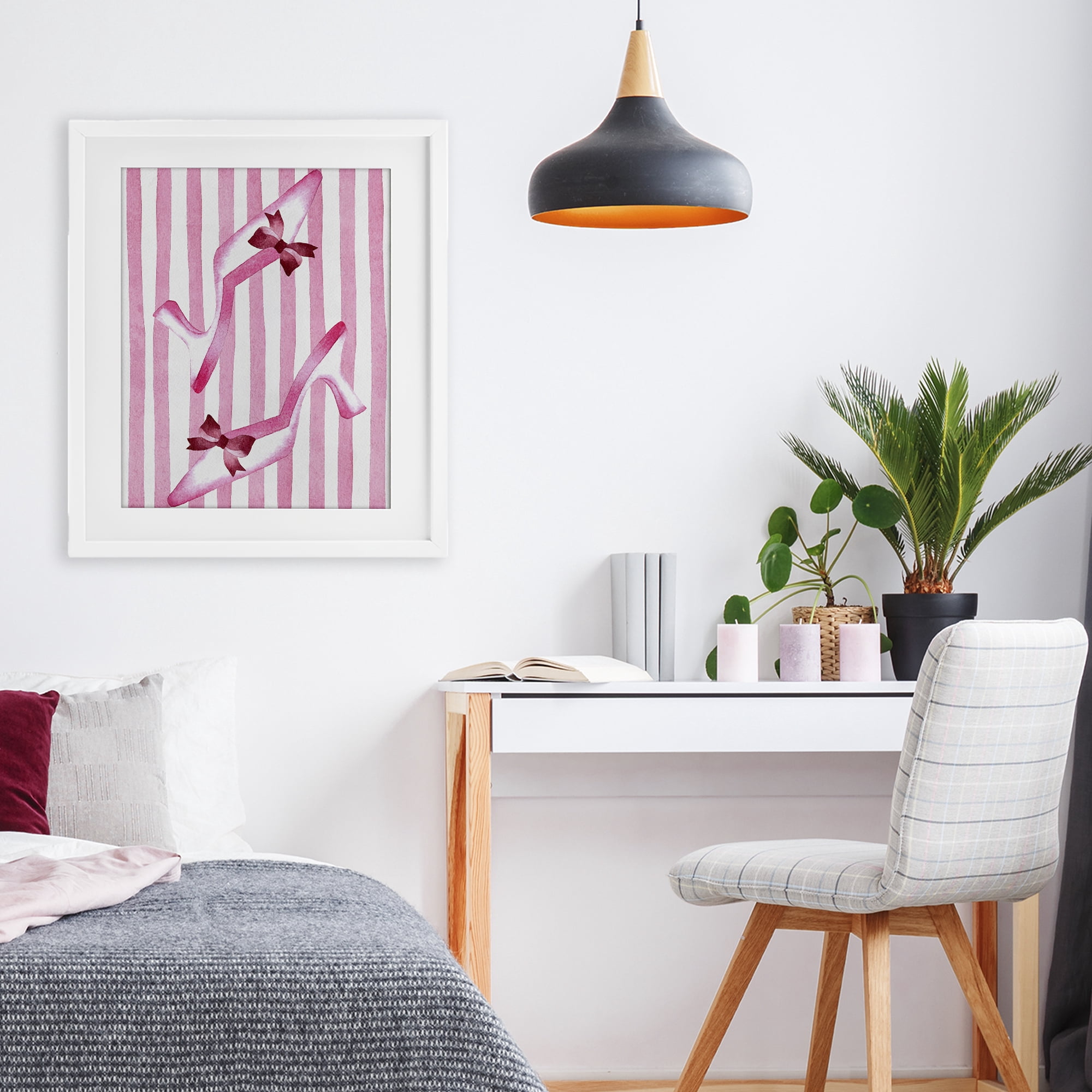 Stupell Industries Bow Heels on Pink Stripes White Framed Print Under Glass, design by Camila Juncos