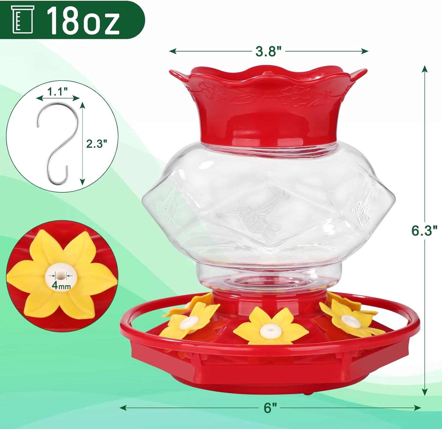 Plastic Hummingbird Feeders for Outdoors Hanging,1 Pack 18OZ Diamond Humming Bird Feeders with 6 Feeding Ports & Perch, Built-in Ant Moat, Gifts for Women, Durable Outside Garden Decor