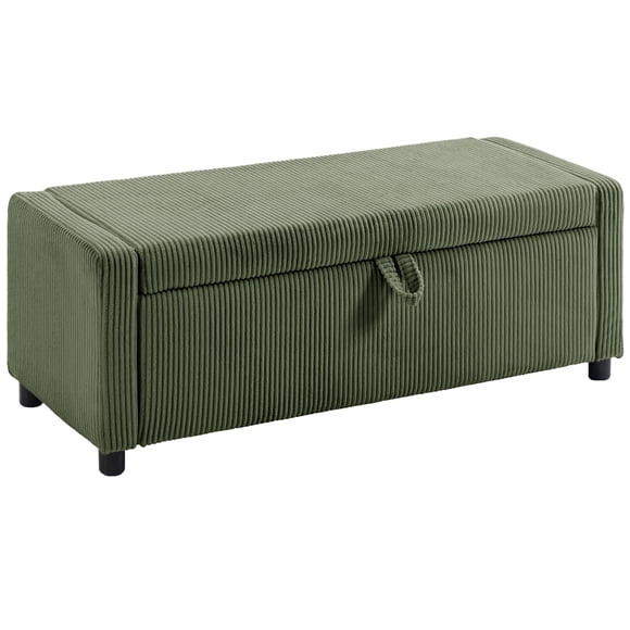HOMCOM Storage Ottoman, Upholstered Corduroy End of Bed Bench, Dark Green