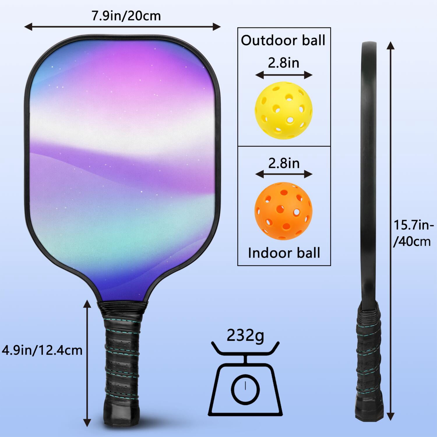 Pickleball Paddles Set Of 1, Fiberglass Surface, Fluid Smoke Aurora Art Style, 1 Paddle, 2 Balls & Bag