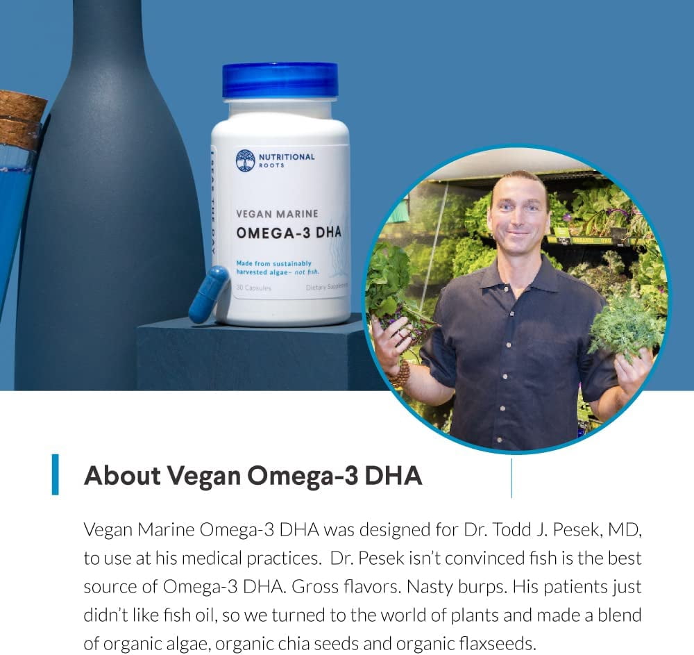 Nutritional Roots Vegan Omega-3, Plant-Based Marine DHA, Omega-3 Blend: Organic Algae, Organic Chia, and Organic Flax Seed, Third-Party Tested, Doctor's Choice, 30 Servings