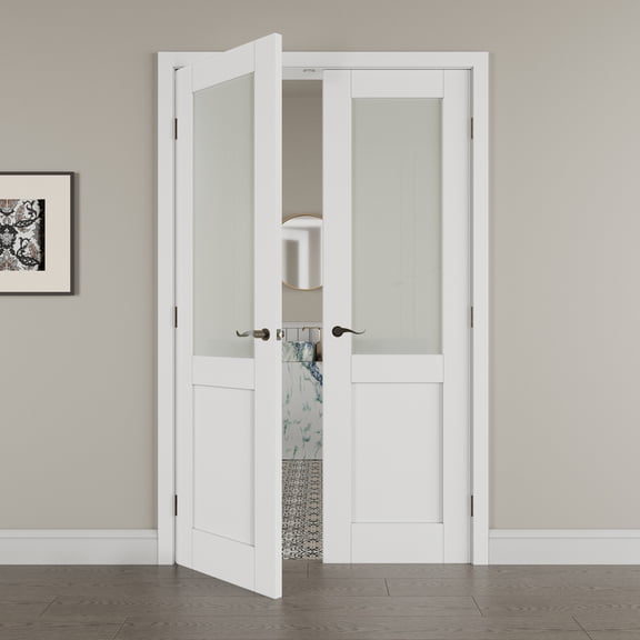48" x 80" Half Panel Frosted Glass Double Doors with French Door Ready-to-Assemble Jamb, Solid Door, Black Levers & Hinges, Interior Door, Pre-finished & Paintable, White