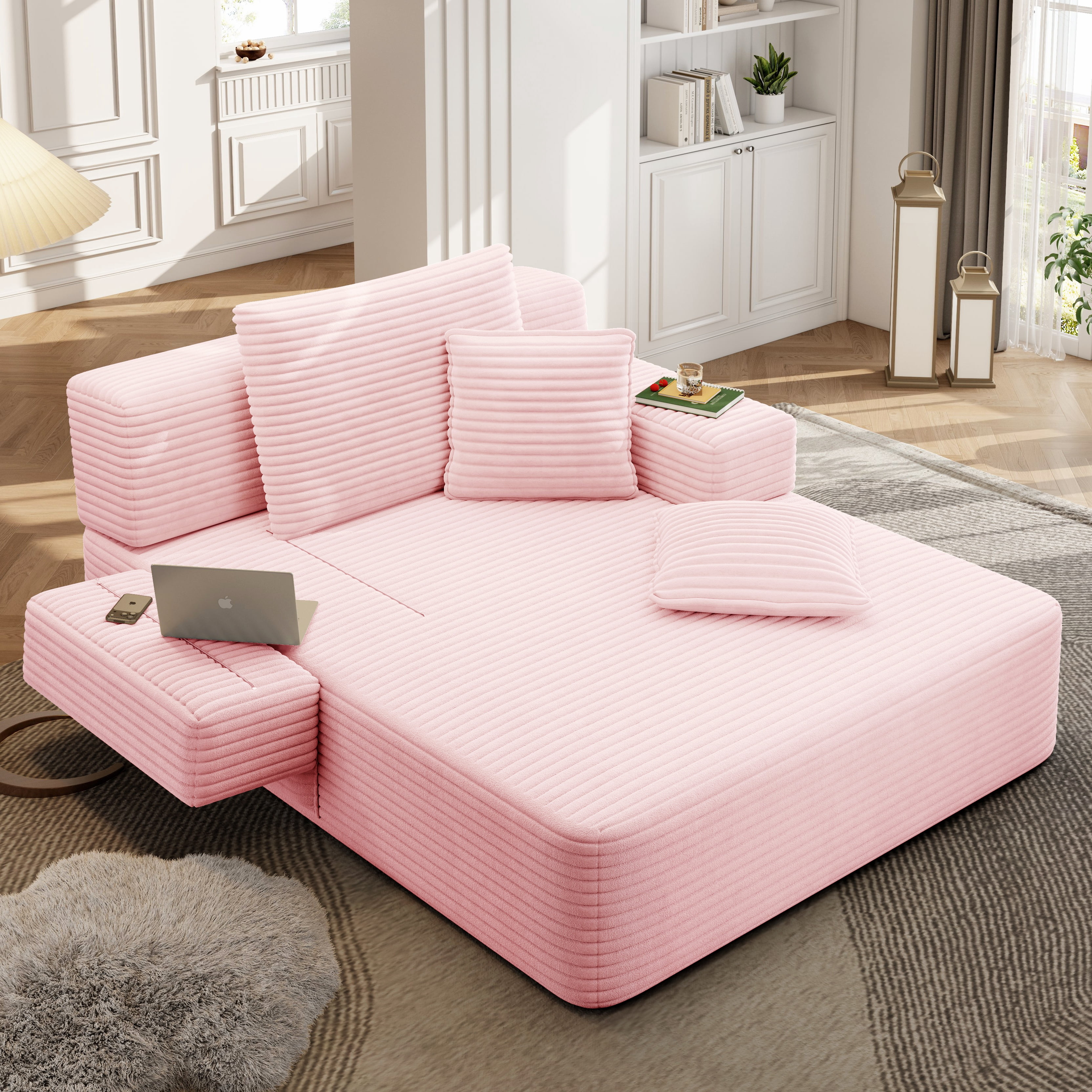 Avobird Luxury Plush Corduroy Chaise Lounge, Convertible Sofa Bed with Storage Pocket, Frameless Design, Specially Designed for Small Spaces and Apartments (Baby Pink)