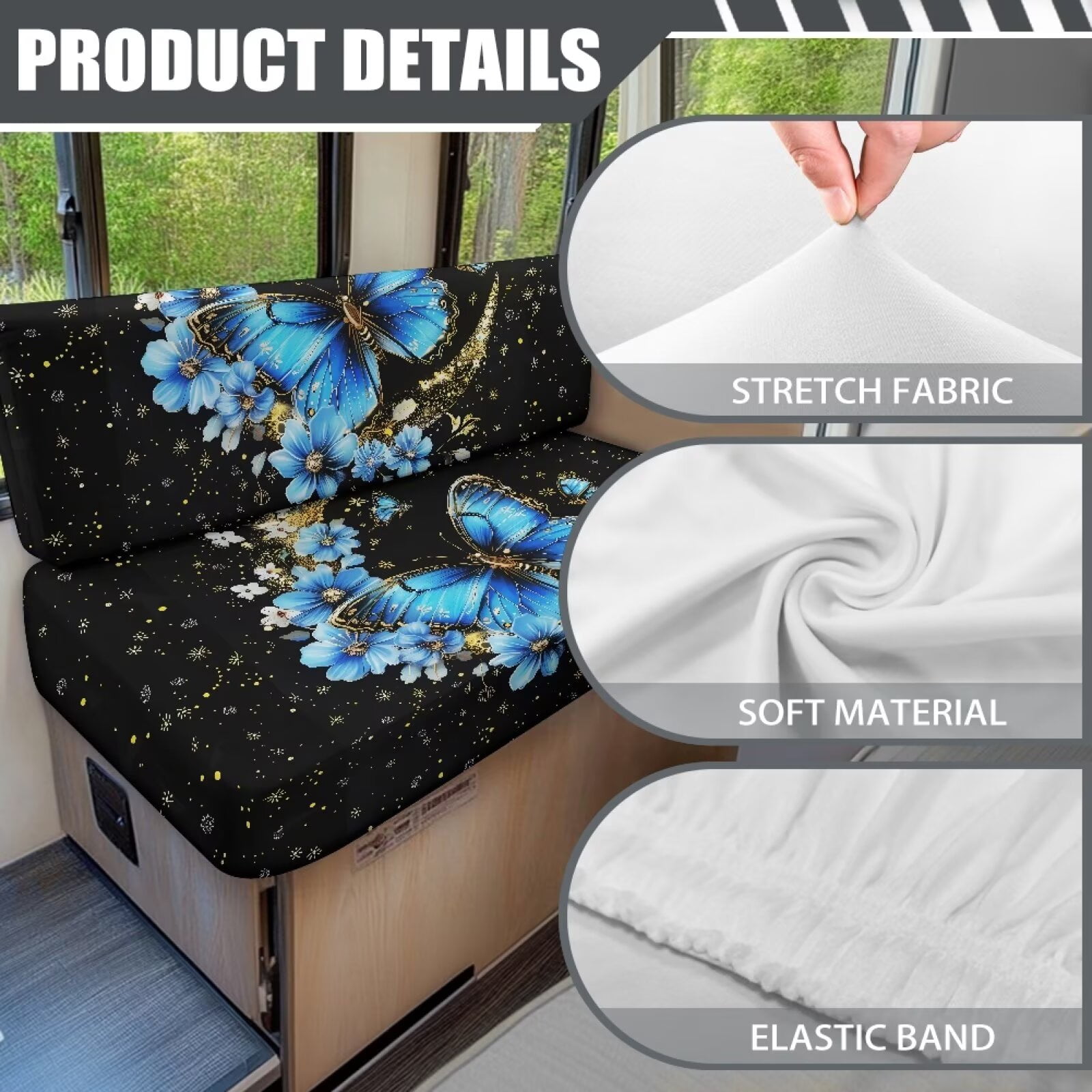 XYZCANDO Butterfly Moon RV Dinette Cushions Stretchable Camper Accessories Universal Bench Seat Cover Stylish Camper Decor Couch Cover 2 Cushion Sofa 1 Backrest Cover and 1 Bench Cover Black