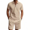 thumbnail image 2 of Men's Casual 2-Piece Set, Solid Color Polo Short Sleeve Shirt and Shorts, Relaxed Summer Outfit For Vacation Beach and Leisure,Khaki,XL, 2 of 9