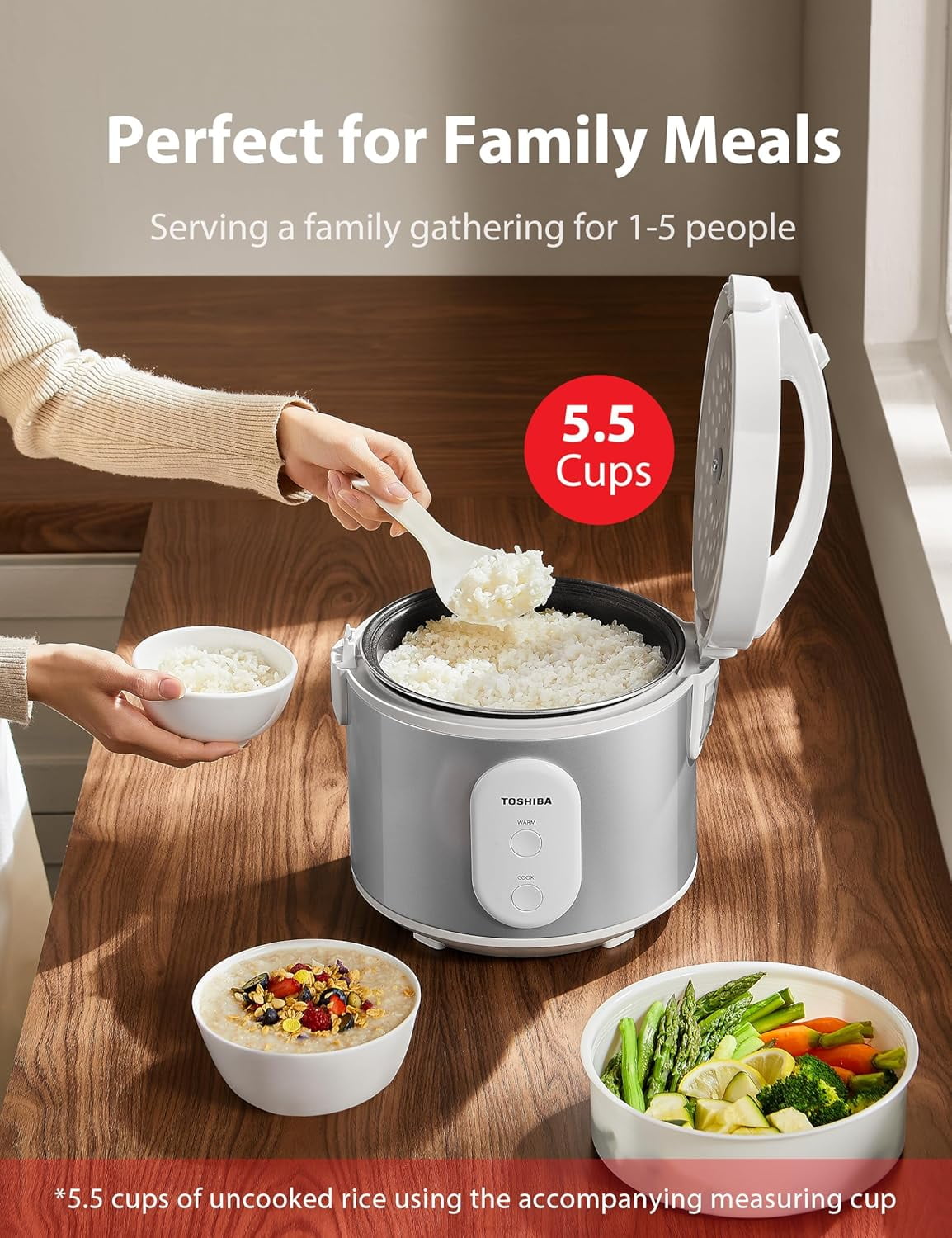 Rice Cooker & Steamer Simple 5.5 Cup with Non-Stick Pot, One-Touch Control for Family Meals
