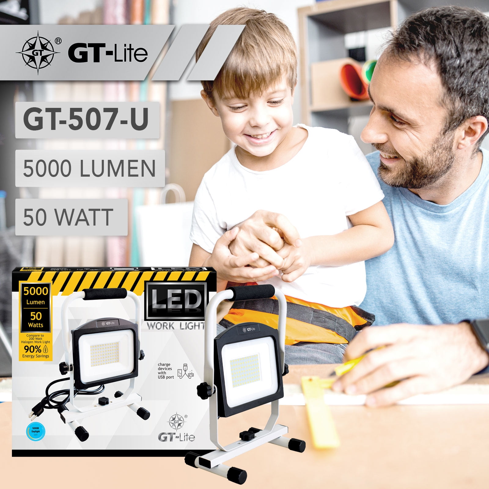GT-LITE 5,000 Lumens LED Work Light with USB GT-507-U - The Home Depot