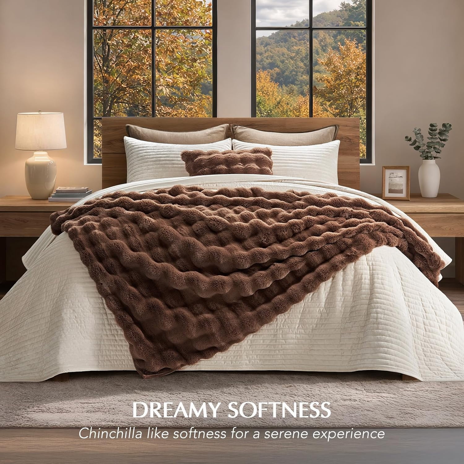 EverGrace Ultra Soft Luxury Fluffy Faux Rabbit Fur Throw Blanket, Thick Warm Bubble Throw for Bed, Cozy Plush Reversible Blankets for Couch, Chair, Sofa, Chestnut, 50x60 Inches