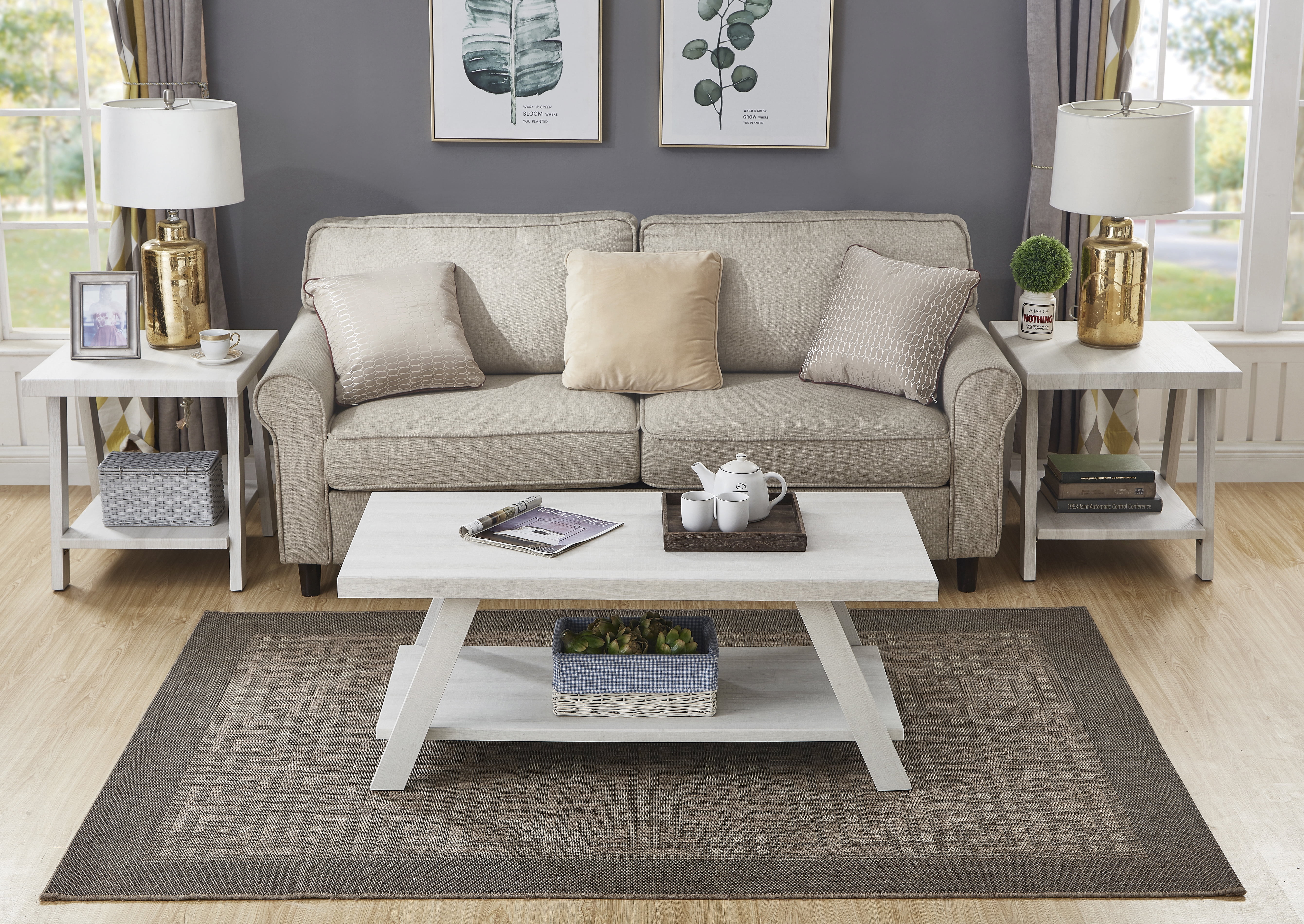 Athens 3-Piece Contemporary Wood Shelf Coffee Table Set, White