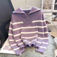 thumbnail image 1 of Chandail Tricoté à Rayures Décontracté 2023 Printemps Automne Mode Vintage Demi-Fermeture Éclair Chandail-Over Hauts Courts pour Femmes Chandails Amples Chics, 1 of 7