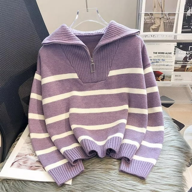Chandail Tricoté à Rayures Décontracté 2023 Printemps Automne Mode Vintage Demi-Fermeture Éclair Chandail-Over Hauts Courts pour Femmes Chandails Amples Chics
