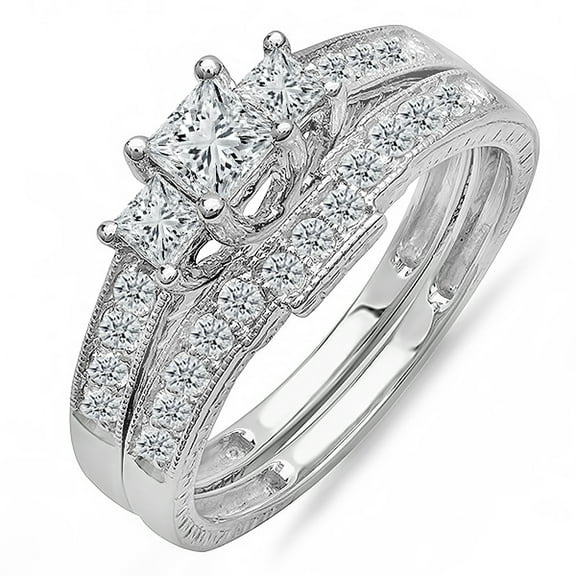 Dazzlingrock Collection 0.95 Carat (ctw) 14K Princess 3 Stone Diamond Engagement Bridal Ring Set 1 CT, White Gold, Size 8