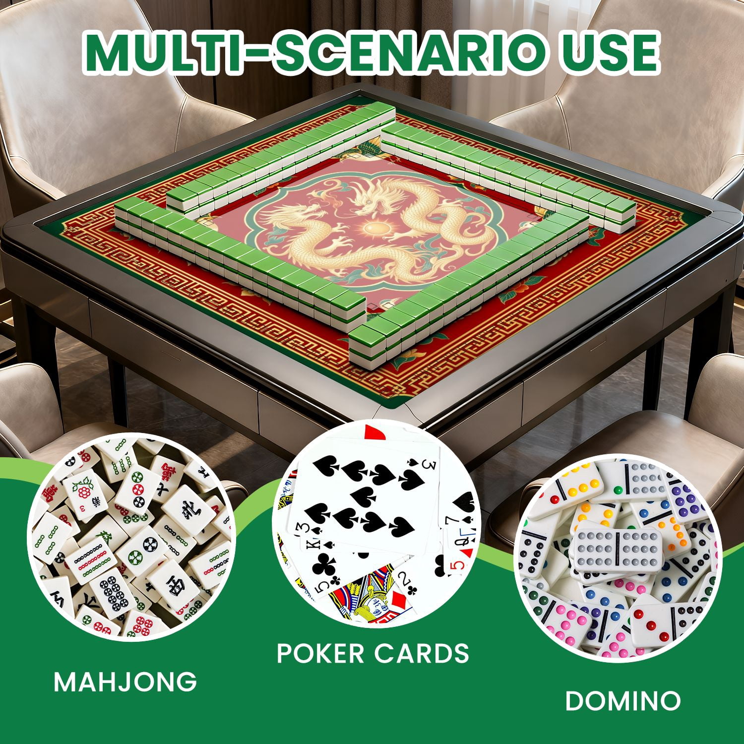 Mahjong Mat 31.5" x 31.5" Golden Chinese Dragons Birds Floral Red Non-Slip Noise Reduction American Mahjong Tiles Table Cover for Dominoes Poker Card Board Games Gift