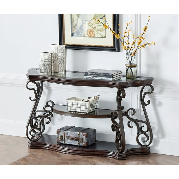 Traditional Sofa Table Rustic Glass Top Console W Marble Paper Middle Shelf Powder Coat Finish Metal Legs For Entryway Living Room Dark Brown Com - Rustic Console Table With Metal Legs
