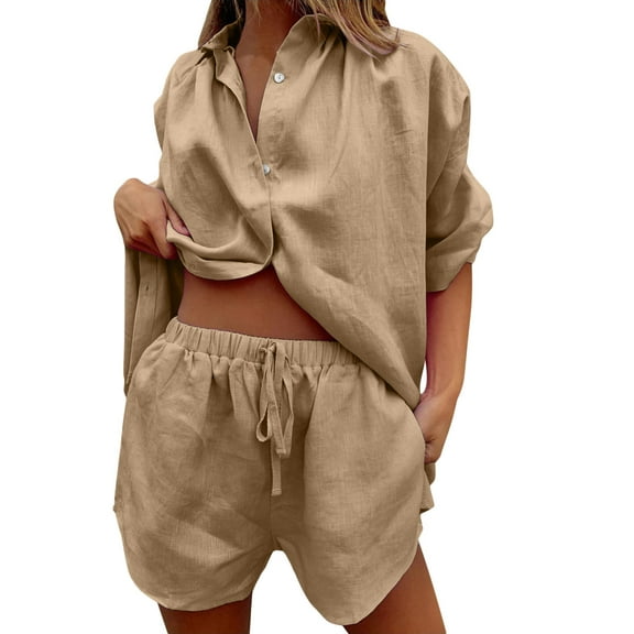VBARHMQRT Business Casual Outfits for Women Plus Casual 2 Piece Tracksuit Loose Button Blouse Shirt Top High Wasit Elastic Shorts Set Loungewear Summer Outfits Valentines Outfits for Women