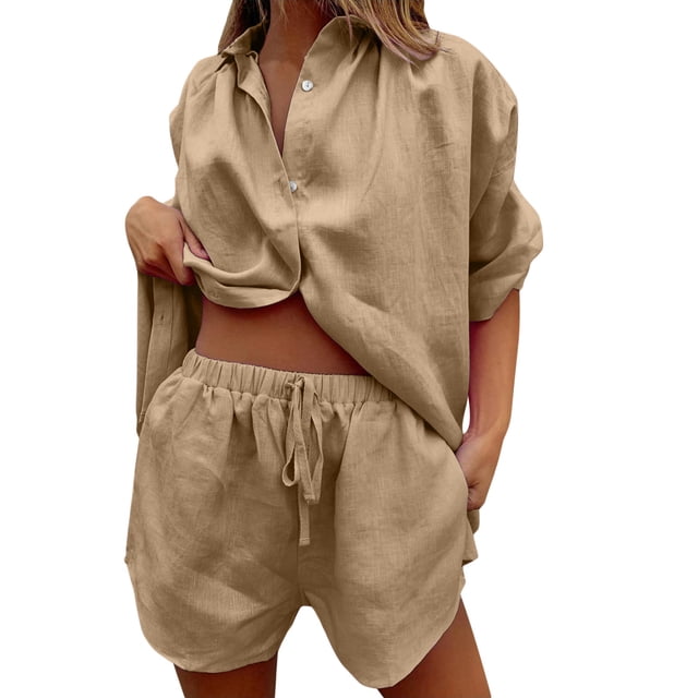 Conjunto de chándal de 2 piezas para mujer: blusa holgada con botones y pantalones cortos elásticos de cintura alta - Poliéster, color liso, ropa informal/de estar por casa, conjuntos de verano