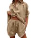 thumbnail image 1 of Conjunto de chándal de 2 piezas para mujer: blusa holgada con botones y pantalones cortos elásticos de cintura alta - Poliéster, color liso, ropa informal/de estar por casa, conjuntos de verano, 1 of 4