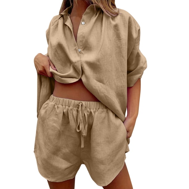 Conjunto de chándal de 2 piezas para mujer: blusa holgada con botones y pantalones cortos elásticos de cintura alta - Poliéster, color liso, ropa informal/de estar por casa, conjuntos de verano