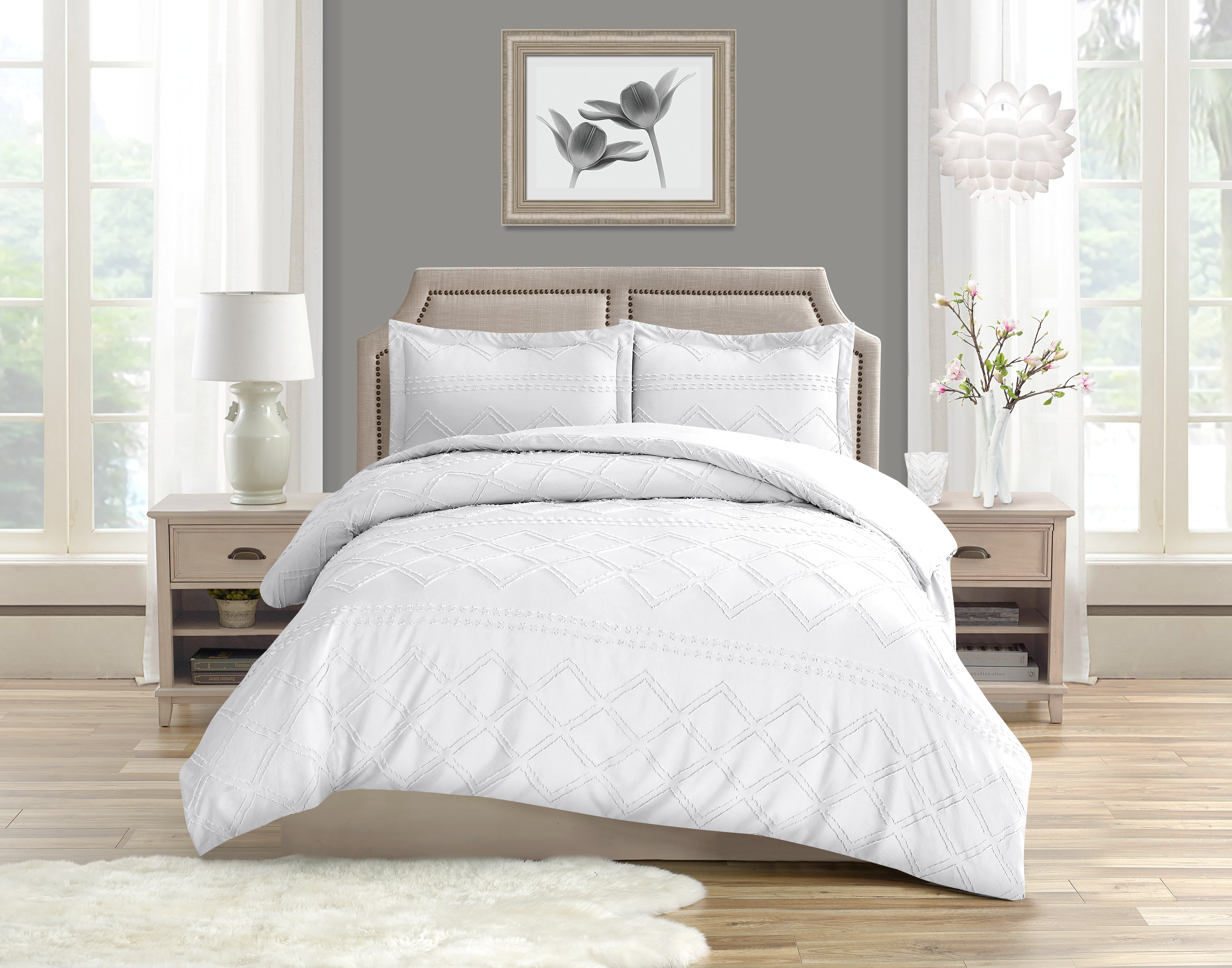 Swift Home Diamond Textured Soft Touch Duvet Cover Set, All Season Bedding with Zipper Closure, Includes Pillow Shams, Full/Queen, White