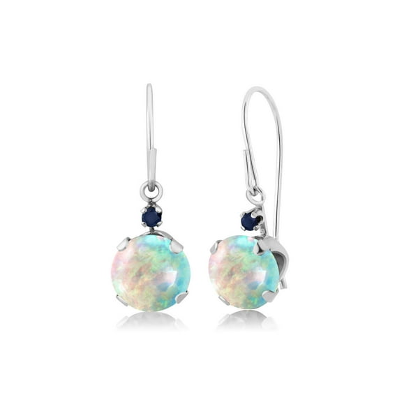 Gem Stone King 14K White Gold White Simulated Opal and Blue Sapphire Leverback Dangle Earrings for Women (1.34 Cttw, Gemstone October Birthstone, Round Cabochon 6MM)