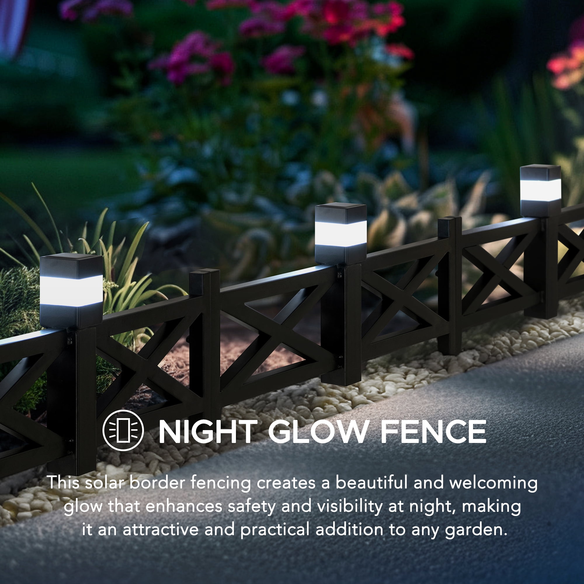 SUNJOY Garden Fence Solar Border Fencing with Waterproof LED Path Lights, Metal Lattice Fence Panel Outdoor Decorative Garden Fences(5PK), Black