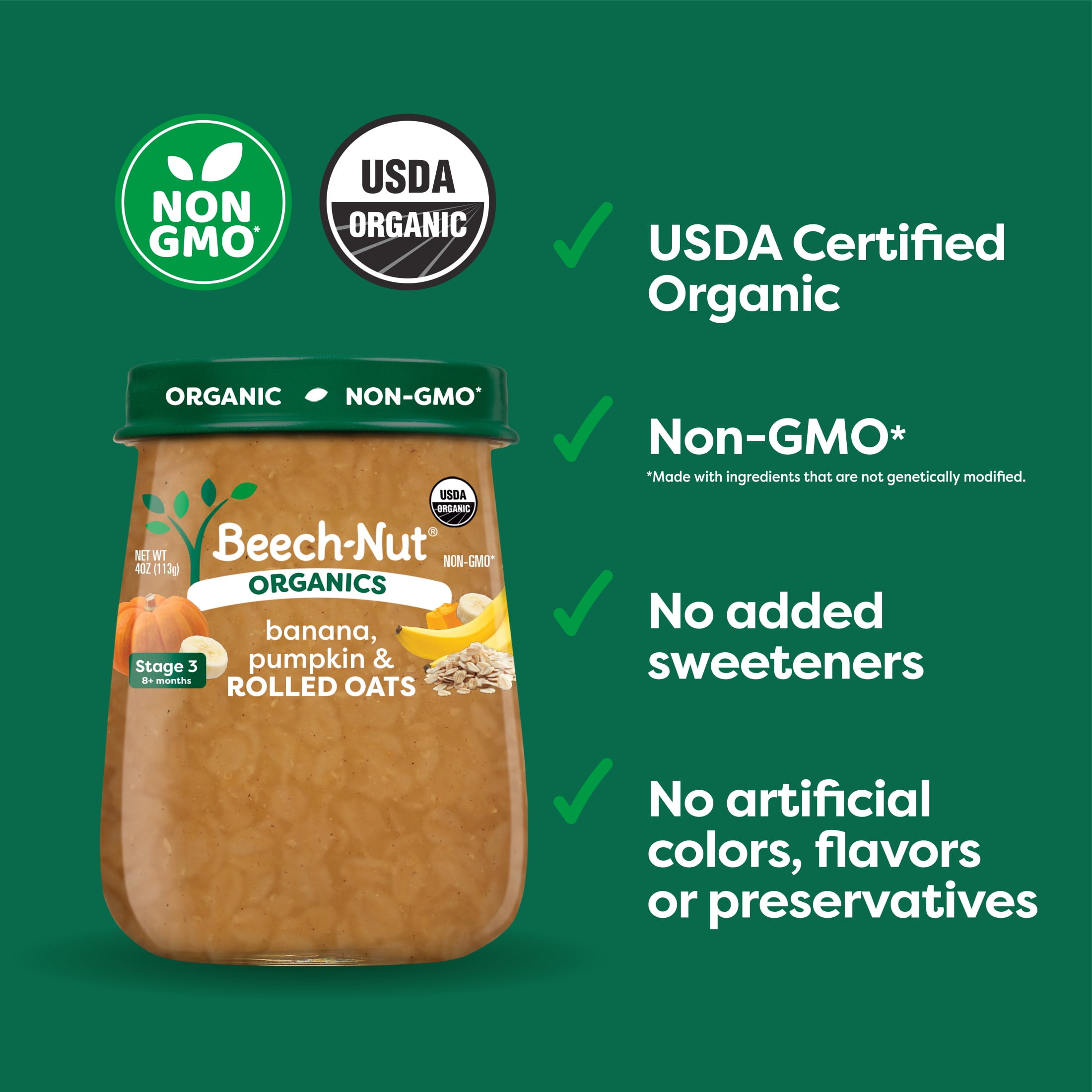 Beech-Nut Organics Stage 3 Organic Baby Food, Banana Pumpkin & Oats, 4 oz Jar (10 Pack)