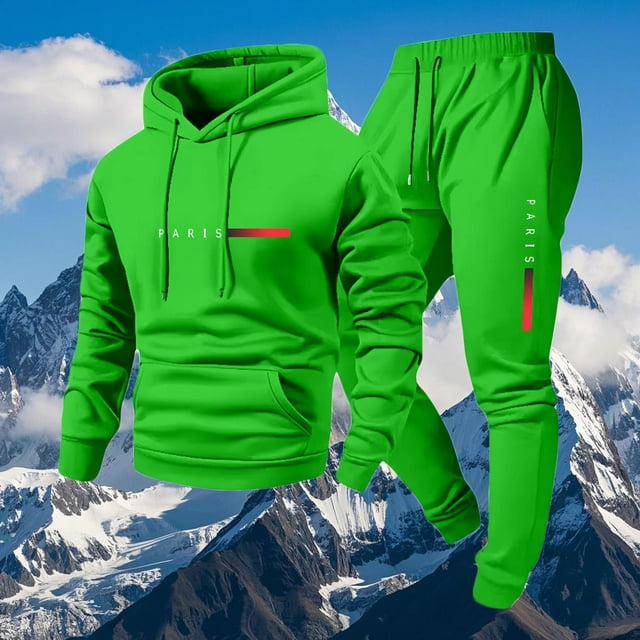 Ceisia Men's PARIS Print Hooded Tracksuit Set with Kangaroo Pocket for Casual & Sports Wear Green S Gifts