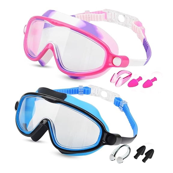 2Pcs Kids Swim Goggles Wide View Water with Earplugs & Nose Clip for Boys Girls Teens Swimming