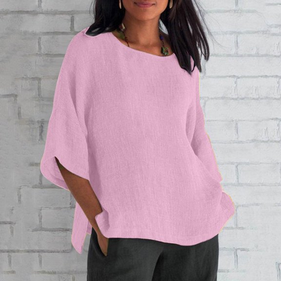 Women's Round Neck Batwing Sleeve Blouse, Solid Color Loose Casual Cotton Linen Top, Half Sleeve Casual Shirt for Daily Office Summer Wear 12-Pink S