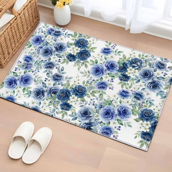Navy Blue Roses Entryway Rug 2'x3' Non Slip Front Door Mats, Spring Floral Elegant Pastoral Botanical Entrance Rugs Indoor Outdoor Carpet, Washable Floor Mats Small Area Rug for Bedroom Kitchen