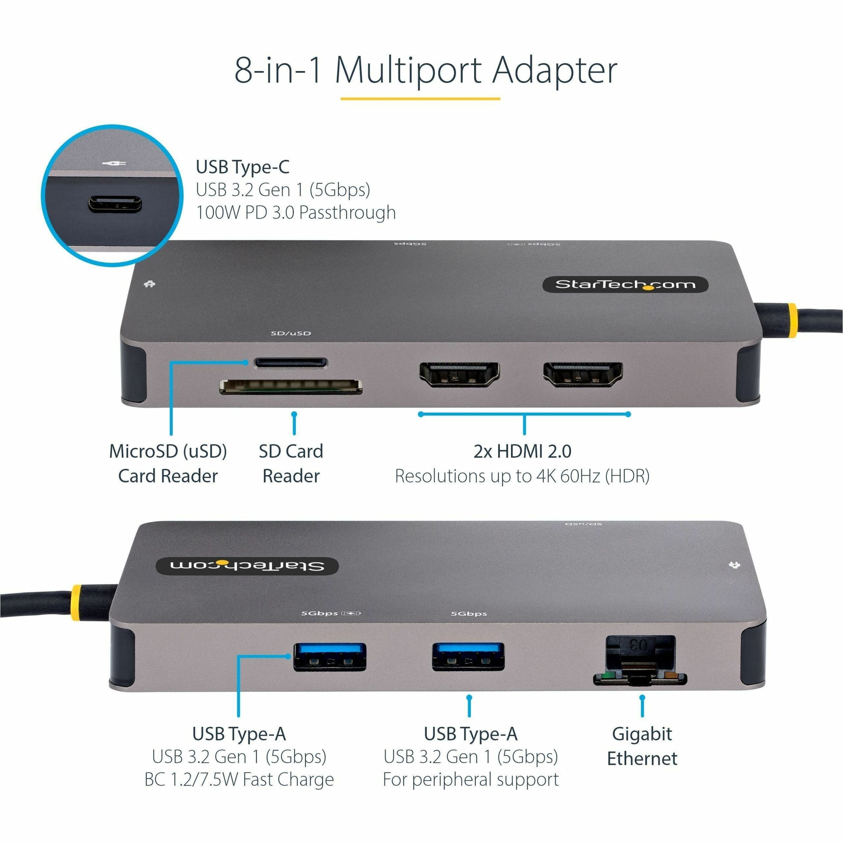 StarTech.com USB C Multiport Adapter, Dual HDMI, 4K 60Hz, 2x 5Gbps USB-A 3.1 Hub, 100W Power Delivery, GbE, SD/MicroSD, USB C Mini Dock