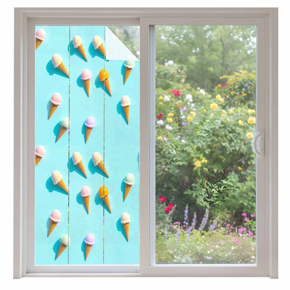 Blue Ice Cream Window Privacy Film, Summer Colorful Ice Cream Static Cling UV Sun Blocking Heat Control Window Tint Day and Night, Non-Adhesive Reusable One Way Windows Privacy Cover 35.4''x78.7''