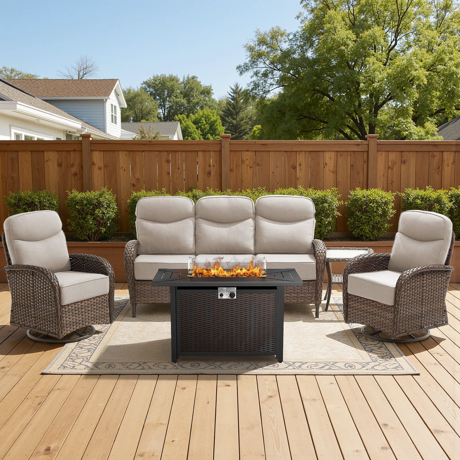 Bellefurn Luxury 5-Piece Patio Furniture Set with 43" Fire Pit Table and Swivel Rocker Patio Chairs with 6-inch Thick Cushion,Outdoor Couch,Side Table,Outdoor Conversation Set for Porch,Deck,Yard