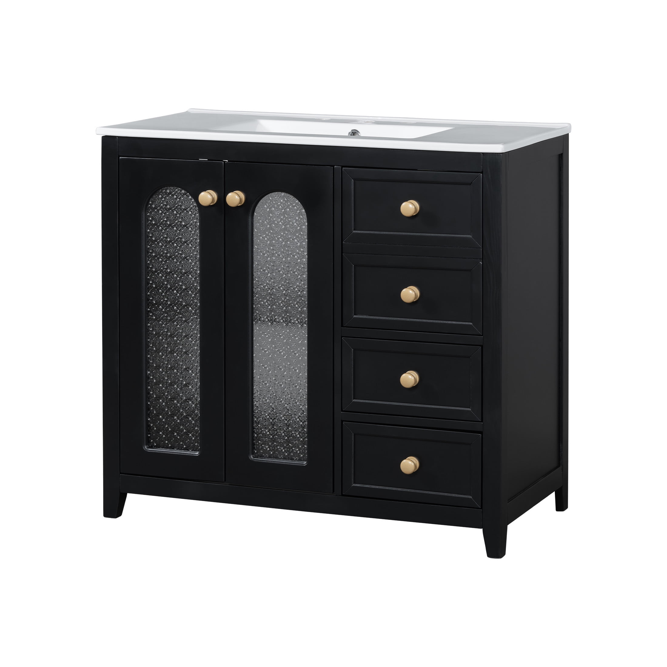 Corlix Modern Bathroom Vanity with Ceramic Sink, Shelves, Drawers, Wood, Black