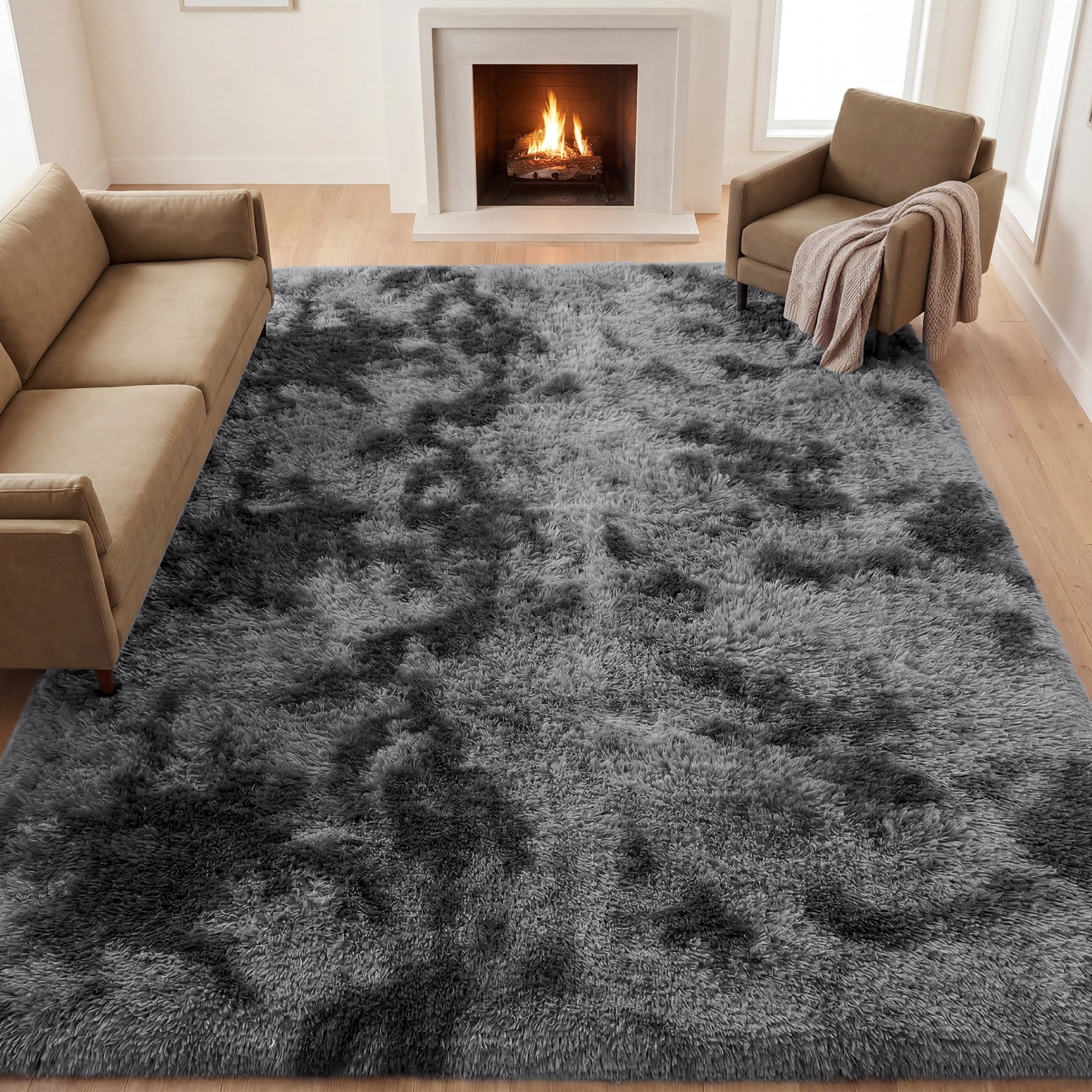 Nefoso Shag Area Rug, 8ft x 10ft Soft Fluffy Tie-Dye Area Rugs for Living Room Bedroom Decor Carpet, Dark Gray