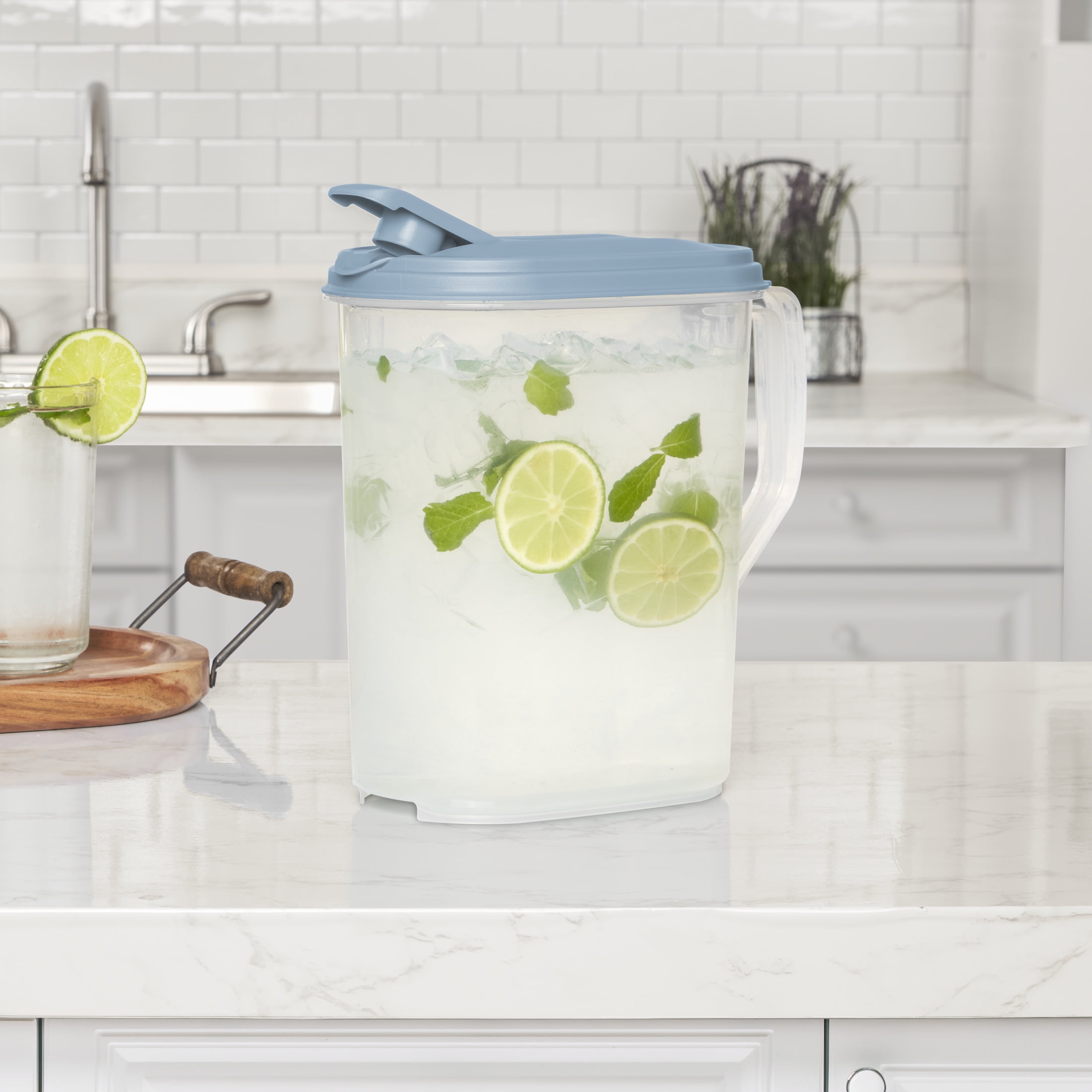 (3 pack) Sterilite, Pitcher, 1 Gallon Pitcher, Clear Plastic, Flip-top Spout, Light Blue, plastic, 1 gal, perfect for chilled drink preparation.