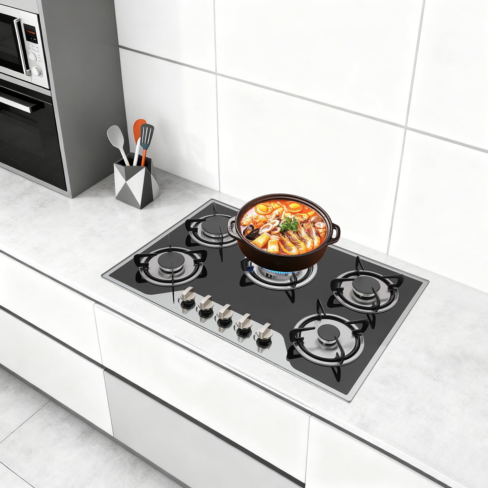 30 Inch Gas Cooktop with 5 Burners, LPG/NG Dual Fuel Stainless Steel Built-In Gas Cooktop Stove for Domestic or Commercial Cooking