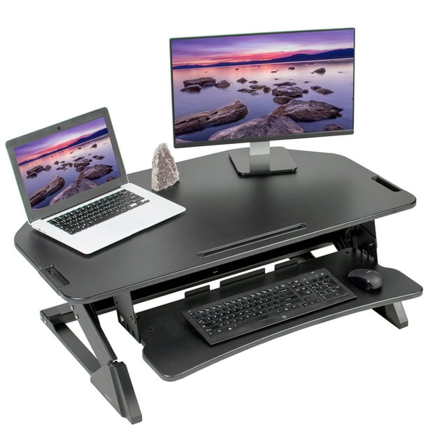 Vivo Black Corner Height Adjustable Dual Tier Stand Up Desk