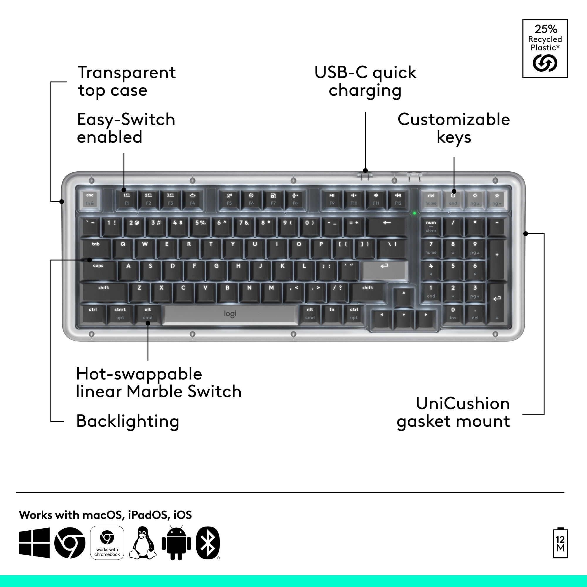 Logitech Alto Keys K98M wireless mechanical keyboard, customizable keyboard with vibration absorbing gasket, Bluetooth, Graphite