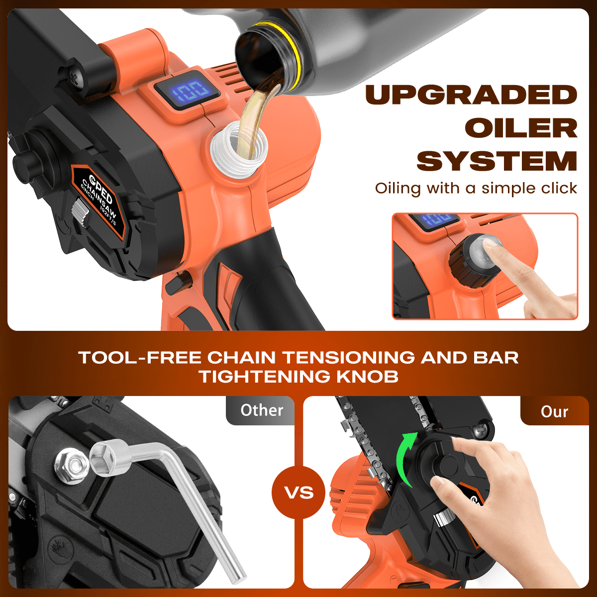 GPED Mini Chainsaw Cordless 6 inch with 2 Battery, Mini Power Chain Saw with Security Lock, Electric Chainsaw, Handheld Small Chainsaw for Tree Trimming Wood Cutting, Orange