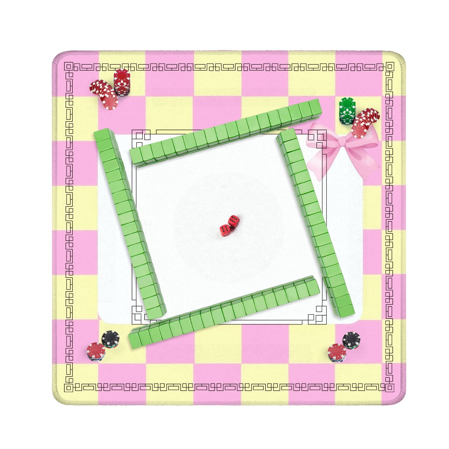 Mahjong Mat 31.5" x 31.5" Pink Yellow Checkered Decorative Bow Frame Non-Slip Noise Reduction American Mahjong Tiles Table Cover for Dominoes Poker Card Board Games Gift