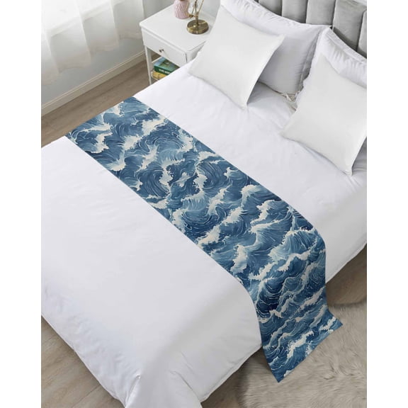 Bed Runner Scarf King Size, Ocean Waves Stain Bed Runners & Scarves for Foot of Beds, Summer Beach Coastal Nautical Burlap Decorative Bedding Runner Scarf for Hotel Home Bedroom