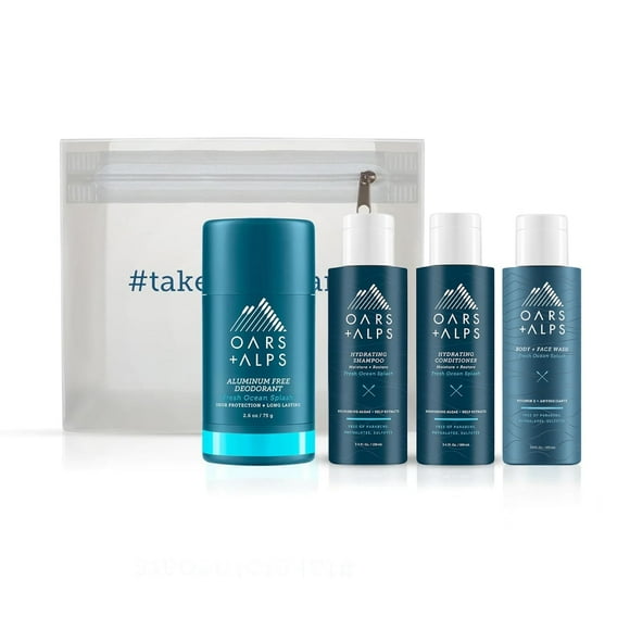 Oars + Alps Hair and Body Travel Kit for Men, Valentines Gifts for Him, Includes Sulfate Free Shampoo, Conditioner, Body Wash, Deodorant, and Reusabl
