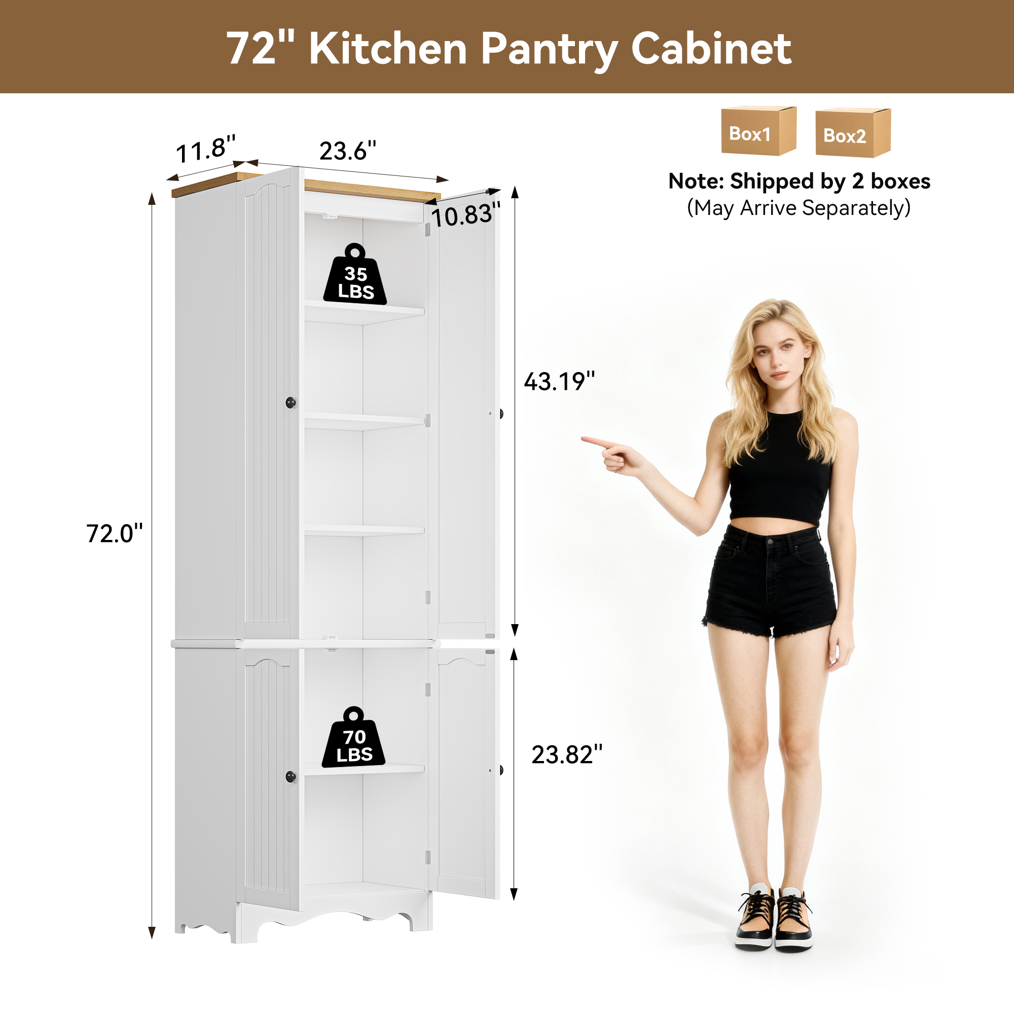 72" Kitchen Pantry Cabinet, Freestanding Storage Cabinets, Tall Food Pantry with Doors and Adjustable Shelves, Tall Storage Cabinets for Kitchen Dining Room Living Room, White