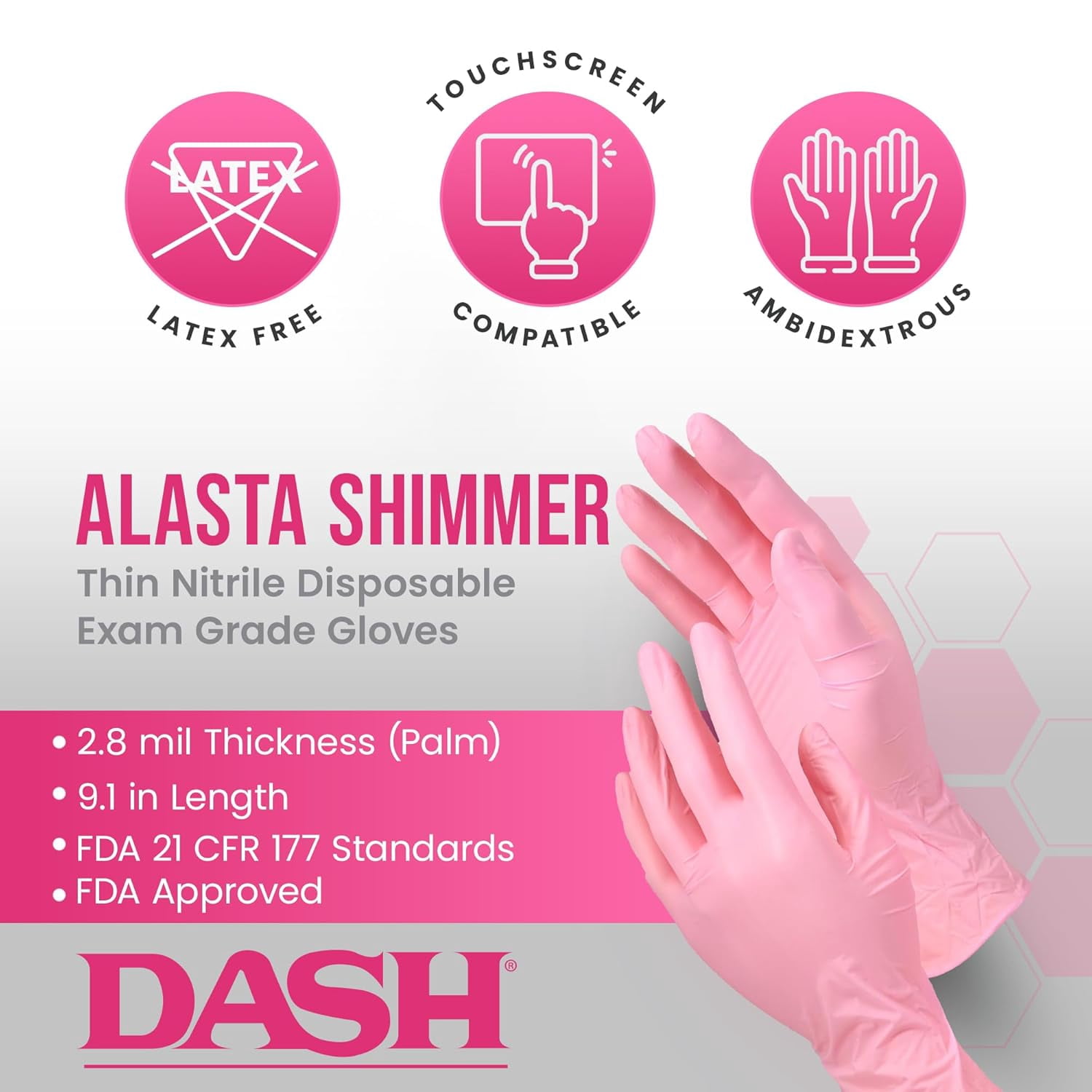 DASH Alasta Shimmer Nitrile Exam Grade Disposable Gloves, Pink, 3.9 mil, 100/Box, XSmall