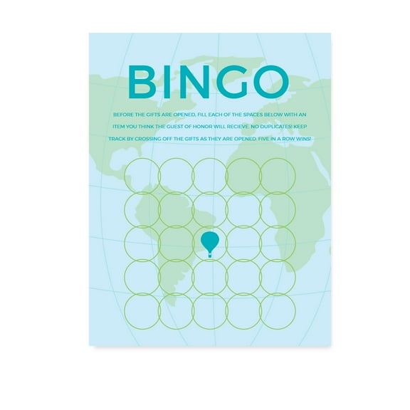 Hot Air Balloon Adventure World Map Party, Blue Green, Bingo Game Cards, 20-Pack, Games