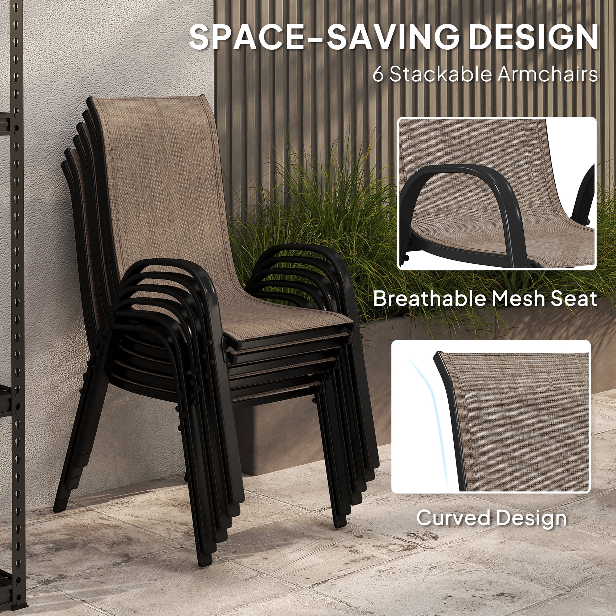 Outsunny 8 Piece Patio Furniture Set with Umbrella, Outdoor Dining Table and Chairs, 6 Chairs, Push Button Tilt and Crank Parasol, Glass Top, Brown