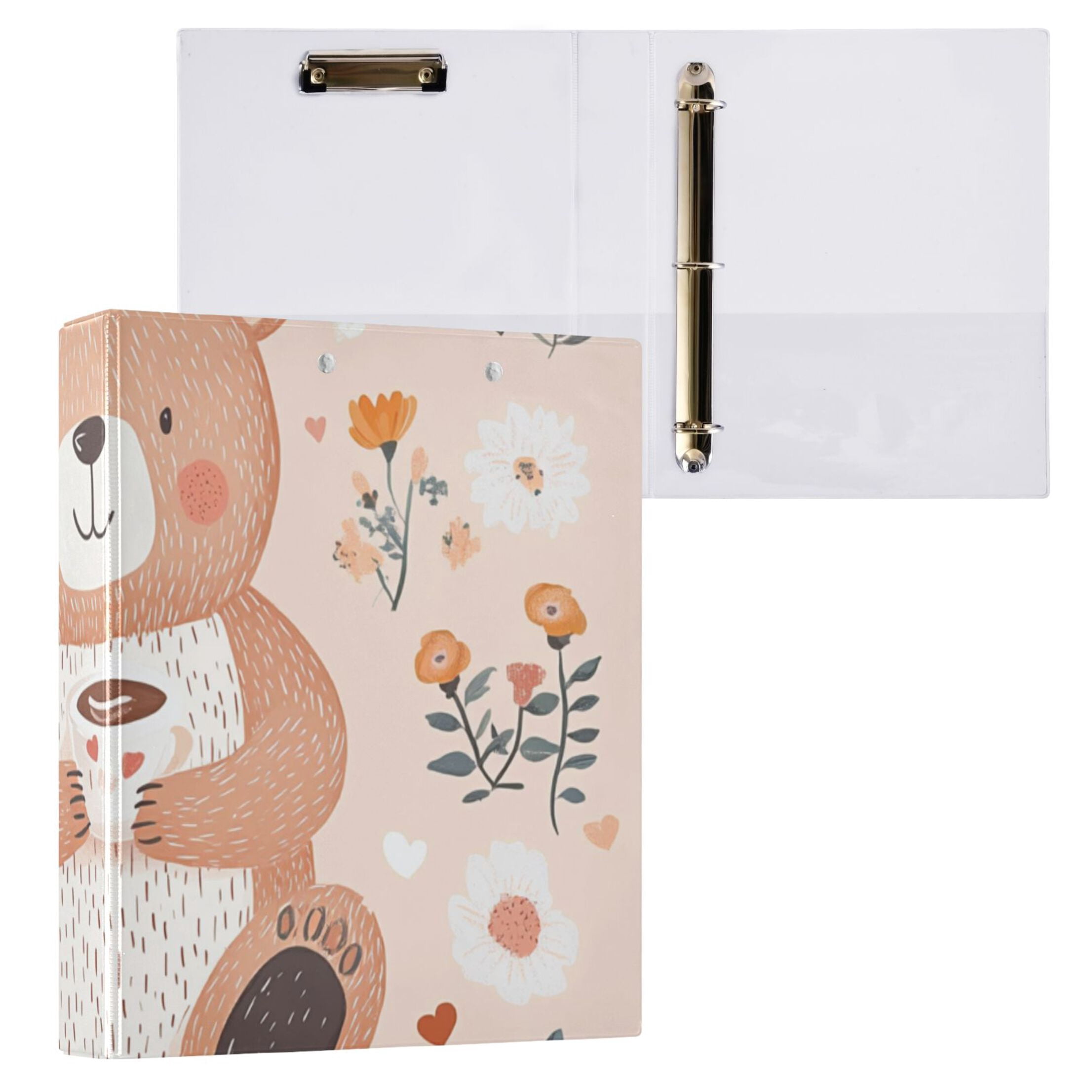 Flowers and Bears 3 Ring Binders 1.5 inch Hardcover File Folders with Interior Pockets A4 Size Organizer for School Office Hospital