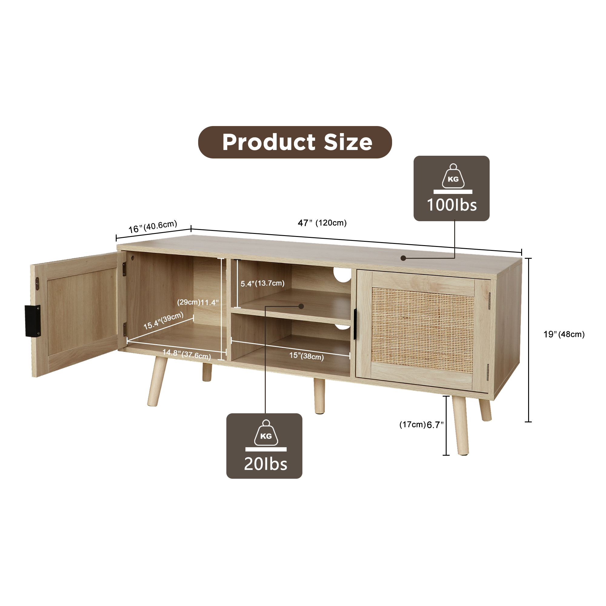 Eumyviv Farmhouse TV Stands for 55 Inch TV,Wood Media Entertainment Center Cabinet Console Table with 2 Rattan Doors, Natural Oak, H0015